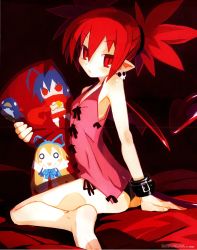 Rule 34 | 1girl, ass, barefoot, black panties, cameo, crease, dakimakura (object), disgaea, etna (disgaea), feet, flat chest, flonne, harada takehito, highres, kneeling, laharl, panties, pillow, pointy ears, prinny, red eyes, red hair, red theme, scan, solo, tail, underwear, wings