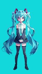 Rule 34 | 1girl, anonymous m (vocaloid), aqua background, aqua hair, aqua necktie, bare shoulders, black skirt, black sleeves, black thighhighs, censored, commentary, detached sleeves, english commentary, expressionless, full body, hair ornament, hatsune miku, headphones, headset, highres, long hair, miniskirt, necktie, own hands together, picklehaterx x, pink eyes, pleated skirt, ringed eyes, shirt, shoulder tattoo, skirt, sleeveless, sleeveless shirt, solo, standing, straight-on, tattoo, thighhighs, twintails, very long hair, vocaloid, white shirt, zettai ryouiki