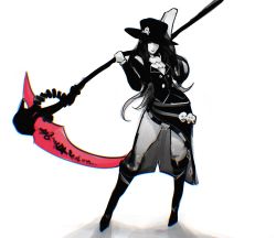 Rule 34 | 1boy, androgynous, arolace, ascot, boots, full body, guilty gear, guilty gear strive, hat, highres, holding, holding scythe, holding weapon, long hair, looking at viewer, monochrome, off shoulder, red eyes, scythe, simple background, solo, spot color, testament (guilty gear), trap, very long hair, weapon, white background