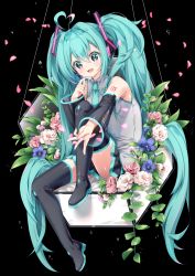 Rule 34 | 1girl, absurdly long hair, aqua eyes, aqua hair, aqua necktie, arami o 8, bare shoulders, black background, black sleeves, black thighhighs, blush, cherry blossoms, commentary, detached sleeves, flower, grey shirt, hair ornament, hatsune miku, headset, highres, holding, holding microphone, knee up, leaf, light blush, long hair, microphone, necktie, petals, reaching, reaching towards viewer, rose, shirt, shoulder tattoo, sitting, skirt, sleeveless, sleeveless shirt, smile, solo, symbol-only commentary, tattoo, thighhighs, twintails, very long hair, vocaloid, zettai ryouiki