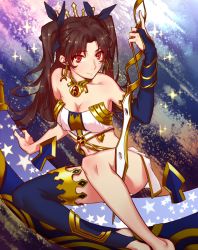 Rule 34 | 1girl, arm support, armlet, artist request, asymmetrical clothes, asymmetrical legwear, bare shoulders, barefoot, black hair, blue bridal gauntlets, blue ribbon, blue thighhighs, breasts, bridal gauntlets, cleavage, closed mouth, collarbone, crown, dress, earrings, eyes visible through hair, fate/grand order, fate (series), hair ribbon, heavenly boat maanna, highres, holding, holding sword, holding weapon, hoop earrings, ishtar (fate), jewelry, long hair, looking at viewer, lots of jewelry, medium breasts, midriff, navel, neck, neck ring, parted bangs, red eyes, revealing clothes, ribbon, short dress, single bare leg, single bridal gauntlet, single thighhigh, sitting, smile, solo, sparkle, star (symbol), star print, strapless, strapless dress, sword, thighhighs, thighlet, toeless legwear, tohsaka rin, two side up, type-moon, uneven legwear, weapon, white dress
