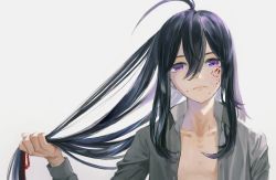 Rule 34 | 1boy, ahoge, bad id, bad pixiv id, black hair, blood, blood on face, blouse, grey background, hair down, hataya, highres, holding, holding own hair, lips, male focus, namazuo toushirou, open clothes, open shirt, purple eyes, shirt, simple background, solo, touken ranbu, upper body