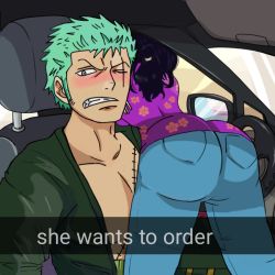 Rule 34 | 1boy, 1girl, ass, blush, breasts, cleavage, huge breasts, large breasts, looking at viewer, one eye closed, one piece, roronoa zoro, smile, tashigi