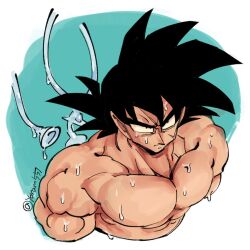 Rule 34 | 1boy, abs, bara, bardock, cropped torso, dot pupils, dragon ball, dragonball z, frown, large pectorals, looking up, male focus, mature male, muscular, muscular male, no nipples, nude, pectorals, short hair, sideburns, solo, spiked hair, two-tone background, wet, yoram (yoram551)