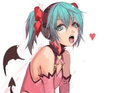 Rule 34 | 1girl, aqua eyes, aqua hair, demon tail, elbow gloves, fangs, gloves, hair ribbon, hatsune miku, headphones, heart, heart hunter, heart hunter (module), looking at viewer, open mouth, panties (pantsu-pirate), project diva, project diva (series), ribbon, short hair, solo, tail, twintails, vocaloid, white background, wings