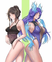 Rule 34 | 2girls, :d, absurdres, ass, bare shoulders, black one-piece swimsuit, blue fire, blue gloves, blue hair, blue one-piece swimsuit, breasts, brighid (water lily) (xenoblade), brighid (xenoblade), brown hair, calmgreentori, cleavage, closed eyes, closed mouth, collarbone, commentary, elbow gloves, english commentary, fire, gloves, green background, grin, highres, large breasts, long hair, looking at viewer, morag ladair (obligatory leave) (xenoblade), morag ladair (xenoblade), multiple girls, one-piece swimsuit, open mouth, red eyes, smile, swimsuit, teeth, two-tone background, white background, xenoblade chronicles (series), xenoblade chronicles 2