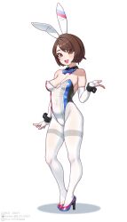 Rule 34 | 1girl, animal ears, black leotard, black wrist cuffs, blue bow, blue bowtie, blue footwear, blue leotard, bow, bowtie, breasts, brown eyes, brown hair, covered navel, creatures (company), detached collar, elbow gloves, fake animal ears, fingerless gloves, full body, game freak, gloria (pokemon), gloves, high heels, highleg, highleg leotard, highres, leotard, looking at viewer, multicolored leotard, nintendo, open mouth, pantyhose, playboy bunny, pokemon, pokemon swsh, rabbit ears, red footwear, red leotard, round teeth, short hair, small breasts, solo, standing, strapless, strapless leotard, teeth, thighband pantyhose, traditional bowtie, two-tone footwear, upper teeth only, white background, white gloves, white leotard, white pantyhose, wrist cuffs, xiangzi box