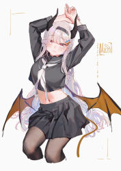 Rule 34 | 1girl, :|, absurdres, arms up, black pantyhose, black serafuku, black skirt, blush, breasts, brown wings, closed mouth, crop top, crop top overhang, cropped legs, dated, demon wings, embarrassed, fang, fang out, hair ornament, hairband, hairclip, hei yan-m82a1, highres, horns, long hair, long sleeves, looking at viewer, low wings, medium breasts, midriff, mole, mole under eye, navel, neckerchief, original, own hands together, pantyhose, pleated skirt, red eyes, school uniform, serafuku, silver hair, simple background, sitting, sketch, skirt, solo, very long hair, white background, white neckerchief, wings