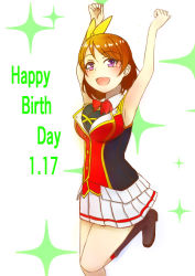 Rule 34 | 1girl, arms up, artist name, artist request, bare shoulders, blush, bokura no live kimi to no life, bow, breasts, brown footwear, brown hair, collared shirt, female focus, hair between eyes, hair bow, hairband, koizumi hanayo, light brown hair, looking at viewer, love live!, love live! school idol project, medium breasts, miniskirt, pleated skirt, purple eyes, raphael00, red neckwear, shirt, short hair, skirt, sleeveless, sleeveless shirt, solo, standing, standing on one leg, white skirt, yellow bow