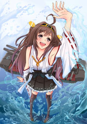 Rule 34 | 10s, 1girl, ahoge, akai mosamosa, brown hair, detached sleeves, hair ornament, hairband, headgear, japanese clothes, kantai collection, kongou (kancolle), long hair, open mouth, personification, smile, solo, water, wide sleeves