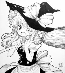 Rule 34 | 1girl, anzu ame, bow, braid, broom, greyscale, hair bow, hat, highres, kirisame marisa, long hair, millipen (medium), monochrome, one eye closed, open mouth, shikishi, signature, solo, touhou, traditional media, wink, witch hat