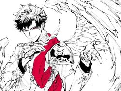 Rule 34 | 1boy, belial (granblue fantasy), black hair, deba, feathered wings, feathers, gloves, granblue fantasy, long sleeves, looking at viewer, male focus, military, military uniform, red eyes, smile, solo, uniform, white gloves, wings