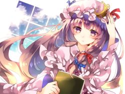 Rule 34 | 1girl, asada sadao, bad id, bad twitter id, blush, book, bow, capelet, crescent, dutch angle, hair bow, hat, long hair, long sleeves, looking at viewer, mob cap, patchouli knowledge, purple eyes, purple hair, solo, touhou, upper body, wide sleeves