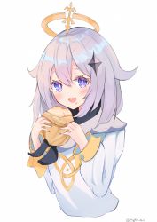 Rule 34 | 1girl, bad id, bad pixiv id, blue eyes, cape, dress, eating, eugle na, food request, genshin impact, halo, highres, looking at viewer, paimon (genshin impact), scarf, short hair, white dress, white hair