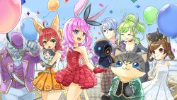 Rule 34 | 3boys, 4girls, :3, animal, animal ears, animal on head, arm up, artist request, balloon, blue eyes, blue hair, braid, breasts, brown hair, rabbit ears, castanic, cat, cat ears, character request, cleavage, curly hair, dog ears, dress, elbow gloves, elin, closed eyes, finger to mouth, frilled sleeves, frills, gloves, green eyes, green hair, grin, hat, high elf, highres, horns, hug, jacket, jewelry, long hair, multiple boys, multiple girls, necklace, hugging object, on head, open mouth, pants, pink hair, pointy ears, ponytail, popori, purple jacket, purple vest, red dress, red eyes, red gloves, robot, short dress, short hair, smile, stuffed toy, tera online, twin braids, twintails, vest, white dress, white gloves, yellow dress