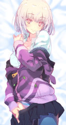 Rule 34 | 1girl, black skirt, breasts, cleavage, clothes pull, cupe., dakimakura (medium), gridman universe, hand on own shoulder, hood, hoodie, large breasts, leggings, lying, miniskirt, off-shoulder sweater, off shoulder, open clothes, open shirt, panties, pantyhose, pink eyes, shinjou akane, silver hair, skirt, skirt pull, smile, solo, ssss.gridman, striped clothes, striped panties, sweater, underwear