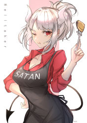 Rule 34 | 1girl, apron, blush, breasts, character name, cleavage, collarbone, commentary, copyright name, demon girl, demon horns, demon tail, food, fork, gloves, helltaker, highres, holding, holding fork, horns, large breasts, long hair, looking at viewer, lucifer (helltaker), mole, mole under eye, necktie, one eye closed, pancake, pink background, red eyes, red shirt, shirt, simple background, sleeves rolled up, smile, solo, tail, weyas kayur, white background, white hair, white horns