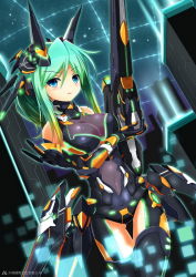 Rule 34 | 1girl, animal ears, aqua hair, armor, bare shoulders, beam rifle, black thighhighs, blue eyes, blush, bodysuit, breasts, building, city, cleavage, covered navel, cowboy shot, crystal gate, dutch angle, elbow gloves, energy gun, fatkewell, faulds, fox ears, gloves, glowing, gradient hair, green eyes, green hair, gun, hair between eyes, halterneck, high ponytail, holding, holding weapon, large breasts, looking at viewer, mecha, multicolored hair, neon trim, night, night sky, outdoors, parted bangs, parted lips, ponytail, robot, robot ears, sidelocks, skin tight, sky, skyscraper, standing, star (sky), starry sky, thigh gap, thighhighs, turtleneck, weapon