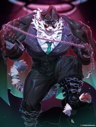 Rule 34 | 1boy, absurdres, animal ears, bara, belt, black coat, black gloves, black headwear, black pants, black suit, booboo (19816236), chain, claws, coat, commentary, dislyte, english commentary, fangs, formal, furry, furry male, gloves, green necktie, highres, holding, holding whip, jin qiu (ru shou) (dislyte), licking lips, looking at viewer, male focus, necktie, open mouth, paid reward available, pants, patreon logo, patreon username, pawpads, shirt, stepped on, suit, sunglasses, tail, tiger boy, tiger ears, tiger stripes, tiger tail, tongue, tongue out, white shirt
