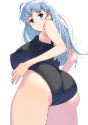 Rule 34 | 1girl, ass, black one-piece swimsuit, blue eyes, blue hair, breasts, covered erect nipples, female focus, from behind, highres, huge breasts, kouno (masao), long hair, looking at viewer, looking back, one-piece swimsuit, simple background, solo, standing, swimsuit, tan, tanline, thighs, white background