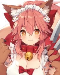 Rule 34 | 1girl, :3, animal ear fluff, animal ears, animal hands, apron, bare shoulders, bell, between fingers, blush, bow, breasts, cat hair ornament, cat paws, claws, cleavage, close-up, closed mouth, collar, fate/extra, fate/grand order, fate (series), fox ears, fox girl, frills, gloves, hair between eyes, hair bow, hair ornament, hands up, holding, holding knife, jingle bell, kitchen knife, knife, knives between fingers, large breasts, long hair, looking at viewer, maid headdress, muryotaro, naked apron, neck bell, paw gloves, pink hair, ponytail, red bow, sidelocks, simple background, smile, solo, symbol-shaped pupils, tamamo (fate), tamamo cat (fate), tsurime, upper body, white background, white frills
