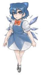 Rule 34 | 1girl, blue eyes, blue hair, bow, cirno, dress, embodiment of scarlet devil, female focus, full body, hair bow, kuontendou, matching hair/eyes, short hair, simple background, solo, touhou, white background, wings