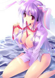 Rule 34 | 1girl, absurdres, animal ears, bad id, bad pixiv id, bottomless, breasts, cleavage, dress shirt, female focus, hair over breasts, highres, kobanzame, large breasts, long hair, mouth hold, naked shirt, necktie, no panties, open clothes, open shirt, purple hair, rabbit ears, red eyes, red necktie, reisen udongein inaba, shirt, sitting, solo, touhou, undone necktie, wariza