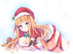 Rule 34 | 1girl, alternate costume, barefoot, beatrice (umineko), blonde hair, blue eyes, blunt bangs, blush, box, breasts, character doll, chestnut mouth, christmas, cleavage, eyebrows, female focus, fur trim, gift, gift box, hair ornament, hat, holly, jewelry, large breasts, leg ribbon, legs together, long hair, long sleeves, looking at viewer, lying, meme attire, mistletoe, murasakio, on side, open-chest sweater, polka dot, pom pom (clothes), red hair, red hat, red ribbon, ribbon, ring, santa hat, snowflakes, solo, sweater, umineko no naku koro ni, ushiromiya battler, very long hair