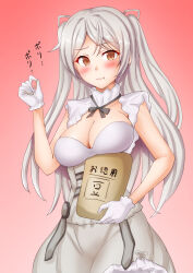 Rule 34 | 1girl, anti (untea9), armpit cutout, bag, beans, blush, breasts, brown eyes, cleavage, cleavage cutout, clothing cutout, conte di cavour (kancolle), conte di cavour nuovo (kancolle), corset, dress, eating, frilled dress, frills, gloves, gradient background, grey dress, grey hair, highres, kantai collection, large breasts, layered dress, long hair, pink background, setsubun, solo, soybean, two-tone dress, two side up, white dress, white gloves