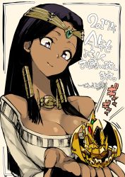 Rule 34 | 1girl, 2017, armor, bare shoulders, beige background, black hair, breasts, chibi, cleavage, closed mouth, commentary request, creature, creature on hand, dark-skinned female, dark skin, diadem, foreshortening, gem, hair tubes, highres, hyocorou, ishizu ishtar, jewelry, large breasts, long hair, long sleeves, necklace, perspective, purple eyes, shirt, smile, the winged dragon of ra, translation request, white shirt, yu-gi-oh!, yu-gi-oh! duel monsters
