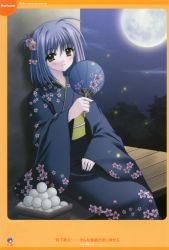 Rule 34 | 1girl, absurdres, female focus, hand fan, highres, japanese clothes, kimono, looking at viewer, lovely idol, moon, nishimata aoi, smile, solo, tagme, yellow eyes