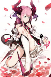 Rule 34 | 1girl, absurdres, asymmetrical horns, black dress, blue eyes, boots, closed mouth, commentary request, curled horns, detached sleeves, dragon tail, dress, elizabeth bathory (fate), elizabeth bathory (fate/extra ccc), elizabeth bathory (first ascension) (fate), fate/grand order, fate (series), hair between eyes, hair ribbon, high heel boots, high heels, highres, hiranko, horns, knee boots, long hair, long sleeves, looking away, looking to the side, on one knee, panties, petals, pink hair, pointy ears, purple ribbon, ribbon, sketch, sleeves past wrists, solo, spiked boots, tail, translation request, two side up, underwear, uneven horns, white background, white footwear, white panties