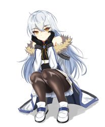 Rule 34 | 1girl, bare shoulders, belt, belt buckle, black gloves, black pantyhose, buckle, closed mouth, counter:side, eyes visible through hair, gaeun (counter:side), gloves, highres, long hair, long sleeves, looking at viewer, osunahanko, pantyhose, solo, white background, white hair, yellow eyes