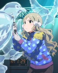 Rule 34 | 10s, 1girl, animal print, artist request, bird print, character name, gloves, green eyes, grey hair, hair ornament, handa roco, ice sculpture, idolmaster, idolmaster million live!, jpeg artifacts, long hair, official art, solo, white gloves, winter clothes, yellow eyes