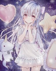 Rule 34 | 1girl, blue hair, blush, bow, closed mouth, commentary, crescent, crescent hair ornament, dress, frilled pillow, frills, hair between eyes, hair bow, hair ornament, hands on own face, hands up, heart, heart-shaped pillow, highres, long hair, looking at viewer, original, pillow, purple bow, red eyes, short sleeves, solo, sparkle, star (symbol), star hair ornament, star-shaped pillow, stuffed animal, stuffed toy, stuffed winged unicorn, symbol-only commentary, tandohark, very long hair, white dress