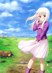 Rule 34 | 1girl, ascot, blue sky, boots, closed mouth, cloud, fate/stay night, fate (series), floating hair, flower, frilled skirt, frills, gyatto624, hair between eyes, hand in own hair, highres, illyasviel von einzbern, long hair, long sleeves, looking at viewer, medium skirt, outdoors, pink ascot, pink skirt, pleated skirt, purple footwear, purple shirt, red eyes, shirt, silver hair, skirt, sky, smile, solo, standing, wing collar, yellow flower