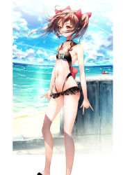 Rule 34 | 1girl, back bow, bare shoulders, beach, bikini, black bikini, black choker, black footwear, blue sky, bow, breasts, brown hair, choker, closed mouth, cloud, cluseller, collarbone, day, expressionless, female focus, frilled bikini, frills, groin, hair between eyes, hair bow, highleg, highleg bikini, highres, horizon, jet ski, looking at viewer, love live!, love live! school idol project, m/, navel, ocean, outdoors, outside border, pillarboxed, pink bow, red eyes, sand, shiny clothes, sky, small breasts, solo, standing, stomach, swimsuit, twintails, water, wind, yazawa nico