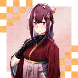 Rule 34 | 1girl, black gloves, blush, doushi tatsu to dekkai no, gloves, hair ornament, japanese clothes, kamikaze (kancolle), kantai collection, latex, latex gloves, long hair, looking at viewer, red eyes, red hair, smile