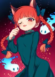 Rule 34 | 1girl, ;p, absurdres, animal ears, blue fire, blunt bangs, blush, bow, braid, breasts, cat ears, covered navel, dress, e sdss, extra ears, fire, flaming skull, floating skull, gradient background, green bow, green dress, hair bow, highres, hitodama, kaenbyou rin, long hair, long sleeves, looking at viewer, multiple tails, navel, one eye closed, red background, red eyes, red hair, side braids, skull, slit pupils, small breasts, solo, sparks, star (sky), tail, tongue, tongue out, touhou, twin braids