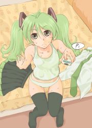 Rule 34 | arm support, bed, bonoramo, controller, from above, frown, green eyes, green hair, hatsune miku, legs, long hair, necktie, no pants, remote control, sitting, skirt, solo, sweat, thighhighs, twintails, vocaloid