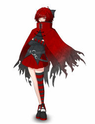 Rule 34 | 1girl, asymmetrical legwear, asymmetrical sleeves, bow, cape, chain, covered mouth, crossed arms, embellished costume, feet together, hair bow, high collar, highres, large bow, legs together, messy hair, miniskirt, mismatched legwear, mismatched sleeves, one eye closed, pleated skirt, red eyes, red hair, sekibanki, shoes, short hair, single thighhigh, skirt, sneakers, solo, stilts (artist), striped clothes, striped thighhighs, thighhighs, torn cape, torn clothes, touhou, tsurime, tunic