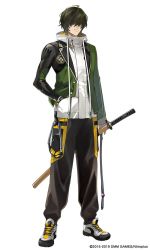 Rule 34 | 1boy, ahoge, black hair, closed mouth, copyright name, copyright notice, full body, green jacket, hair over eyes, highres, hood, hooded jacket, jacket, kuwana gou (touken ranbu), layered clothes, male focus, official art, shoes, simple background, sneakers, solo, touken ranbu, white background, white jacket