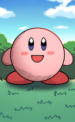 Rule 34 | :d, blue sky, cloud, commentary request, day, e.o., grass, highres, kirby, kirby (series), looking at viewer, nintendo, no humans, open mouth, sky, smile