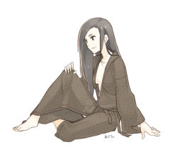 Rule 34 | 1girl, barefoot, black hair, breasts, breasts apart, character name, collarbone, copyright request, feet, from side, full body, grey eyes, hand on own knee, japanese clothes, kimono, knee up, leg fold, long hair, on floor, open clothes, open kimono, poaro, sideboob, simple background, sitting, solo, unmoving pattern, very long hair, white background