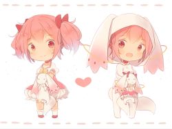 Rule 34 | 1girl, bad id, bad pixiv id, chibi, cosplay, costume switch, gloves, hitsukuya, kaname madoka, kaname madoka (cosplay), kyubey, kyubey (cosplay), magical girl, mahou shoujo madoka magica, mahou shoujo madoka magica (anime), multiple views, pink eyes, pink hair, short hair, short twintails, twintails