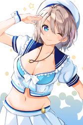 Rule 34 | 1girl, arm up, beret, blue bra, blue eyes, bra, breasts, cleavage, closed mouth, collarbone, collared shirt, crop top, frilled bra, frills, goroo (eneosu), grey hair, groin, hat, highres, jewelry, looking at viewer, love live!, love live! sunshine!!, medium breasts, midriff, navel, necklace, one eye closed, pleated skirt, salute, shirt, short hair, short sleeves, skirt, smile, solo, stomach, underwear, upper body, watanabe you, white hat, white shirt, white skirt, wrist cuffs