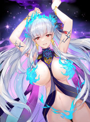 Rule 34 | 1girl, absurdres, arms up, blue fire, body markings, breasts, earrings, fate/grand order, fate (series), fire, flower, gekka nanako, groin, hair flower, hair ornament, hair ribbon, heart, heart-shaped pupils, highres, jewelry, kama (fate), kama (swimsuit avenger) (fate), kama (swimsuit avenger) (third ascension) (fate), large breasts, long hair, looking at viewer, lotus, navel, no bra, no panties, one-piece swimsuit, red eyes, red ribbon, revealing layer, ribbon, smile, star (symbol), star earrings, stomach, symbol-shaped pupils, thighs, turtleneck, turtleneck one-piece swimsuit, white hair