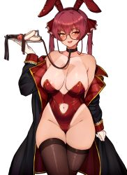 Rule 34 | 1girl, animal ears, areola slip, ball gag, bespectacled, black collar, breasts, clothing cutout, coat, collar, fake animal ears, fur cuffs, gag, glasses, groin, heterochromia, highleg, highleg leotard, highres, holding, holding tray, hololive, houshou marine, large breasts, leash, legs together, leotard, navel, navel cutout, playboy bunny, pubic hair, pubic hair peek, red eyes, red hair, red leotard, sex toy, simple background, solo, standing, tan, tanline, thighhighs, tray, twintails, varniskarnis, virtual youtuber, white background, wiffle gag, yellow eyes