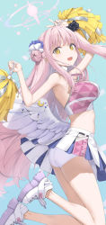 Rule 34 | 1girl, angel beats!, arm up, armpits, black scrunchie, blue archive, blue background, breasts, cheerleader, hair bun, halo, highres, holding, holding pom poms, long hair, low wings, midriff, mika (blue archive), open mouth, ornament, panties, pink hair, pleated skirt, pom pom (cheerleading), pom poms, scrunchie, shirt, shoes, single hair bun, single side bun, skirt, sleeveless, sleeveless shirt, smile, sneakers, solo, takayaki, underwear, white panties, white wings, wings, wrist scrunchie, yellow eyes