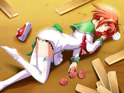 Rule 34 | 1girl, :3, ahoge, anonono, ass, blood, blood on clothes, bow, capelet, cat, closed eyes, dirty, dress, dutch angle, flat chest, flower, from above, game cg, hair intakes, hair ornament, ishigami miyoshi, lying, on ground, on side, outdoors, red hair, rose, school uniform, serafuku, shadow, shoes, short dress, short hair, sneakers, solo, souryuu (double dragon), thighhighs, thighs, toe-point, white thighhighs, wood, zettai ryouiki